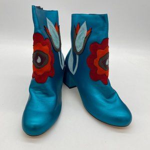 FSJ Blue Round Toe Floral Chunky Heel Ankle Boot